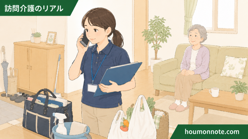 利用者宅で、ヘルパーが予定外の依頼について事業所へ電話確認し、利用者さんが落ち着いて待っている場面
