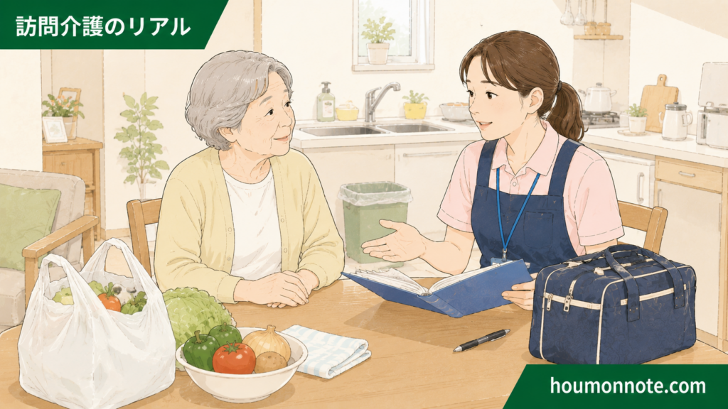 利用者宅のダイニングで、ヘルパーが衛生面について利用者さんに穏やかに説明し、記録につなげている場面