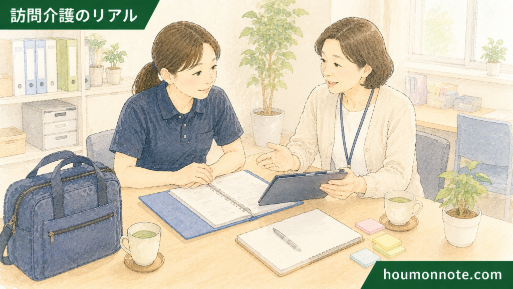 事業所でサ責とヘルパーが記録や申し送りを確認し、私的な質問への対応方針を共有しているイラスト