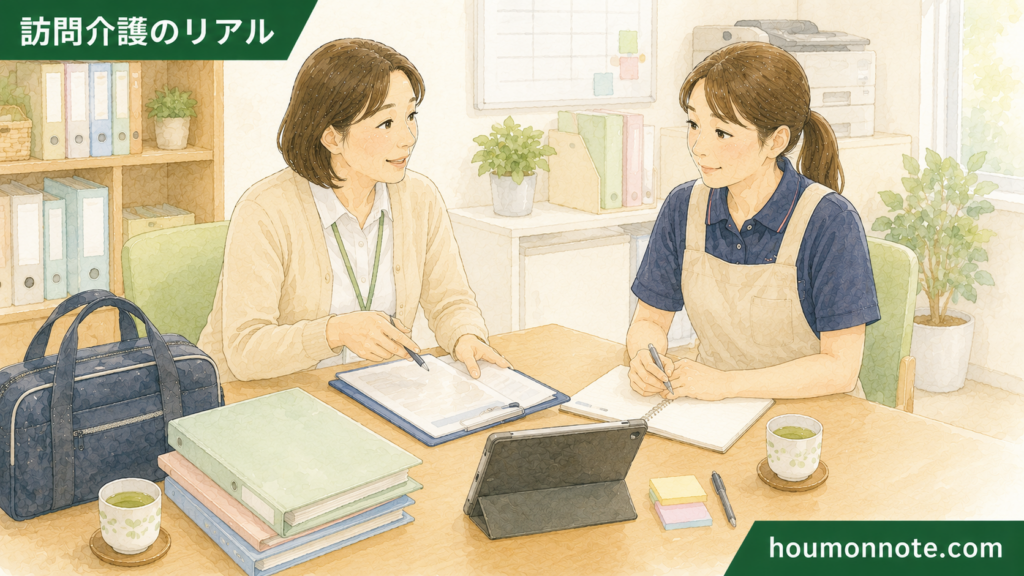 事業所でサ責とヘルパーが記録やタブレットを確認し、利用者さんの会話のペースを申し送りしているイラスト