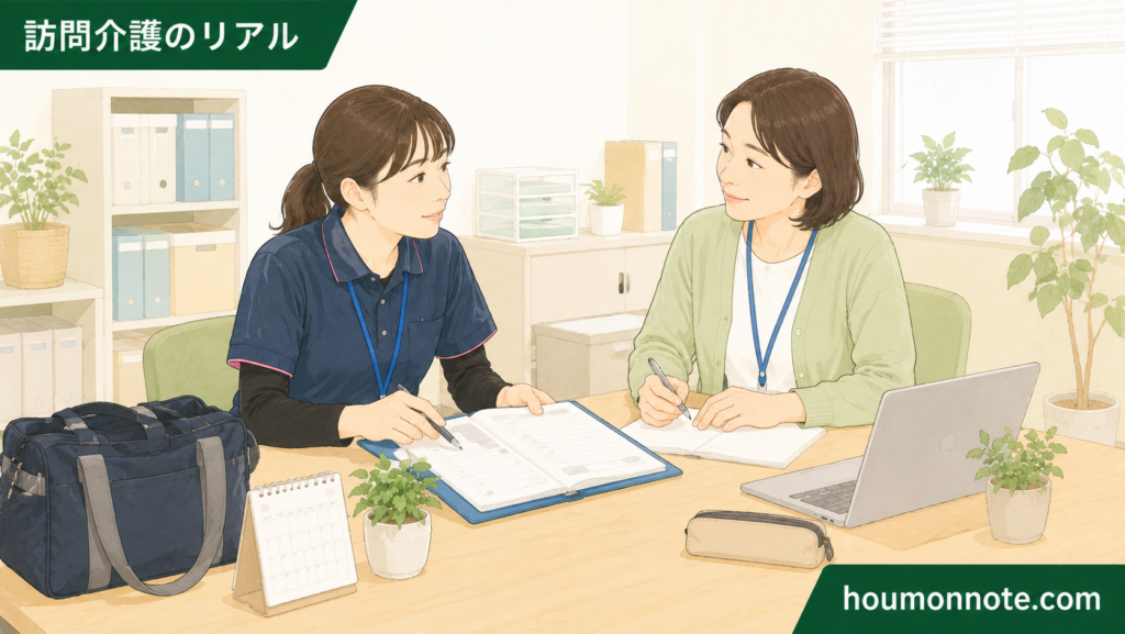 訪問介護事業所で、ヘルパーとサ責が記録ファイルを確認しながら支援内容を共有している場面